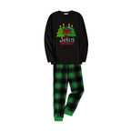 Christmas Family Matching Pajamas-Black Top and Green Plaid Pants Pjs Set with "Jesus Christmas" Print