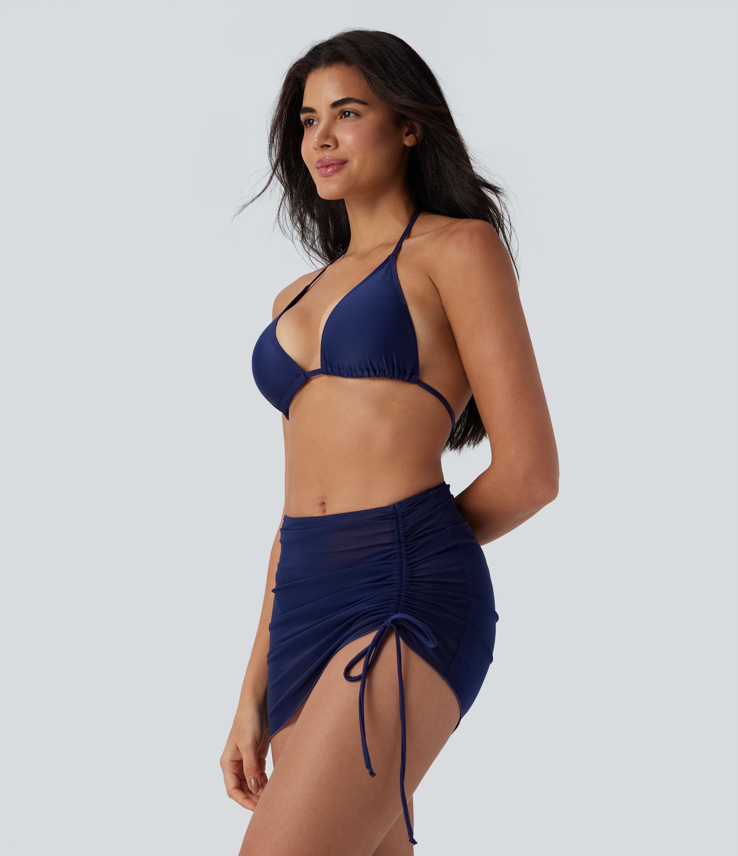 Sheer Mesh Halter Tie Back Drawstring 3-Piece Bikini Set