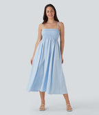 Shirred Stripe Midi Slip Dress with Pockets