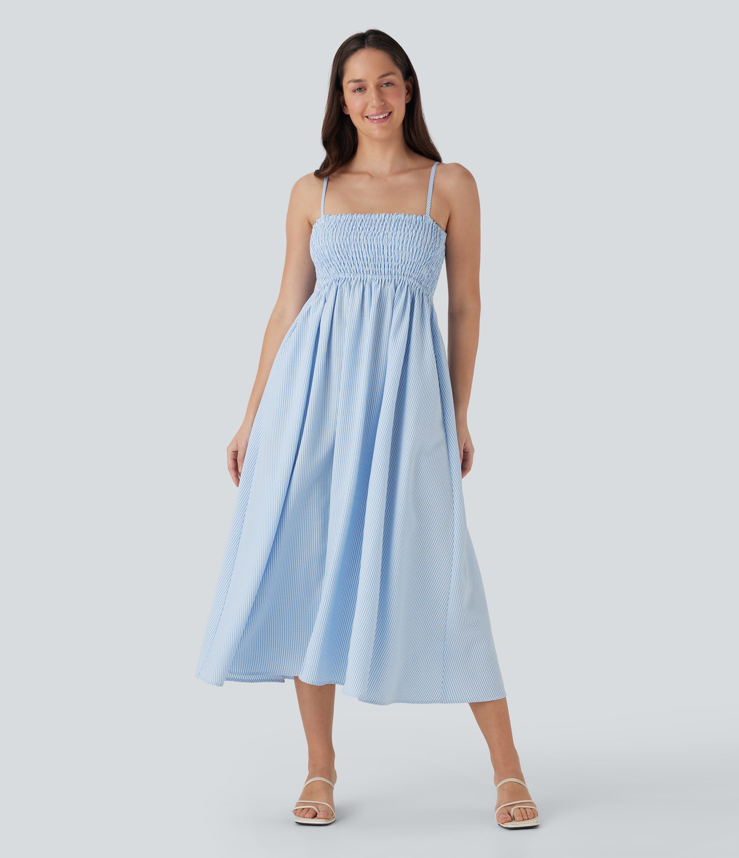 Shirred Stripe Midi Slip Dress with Pockets