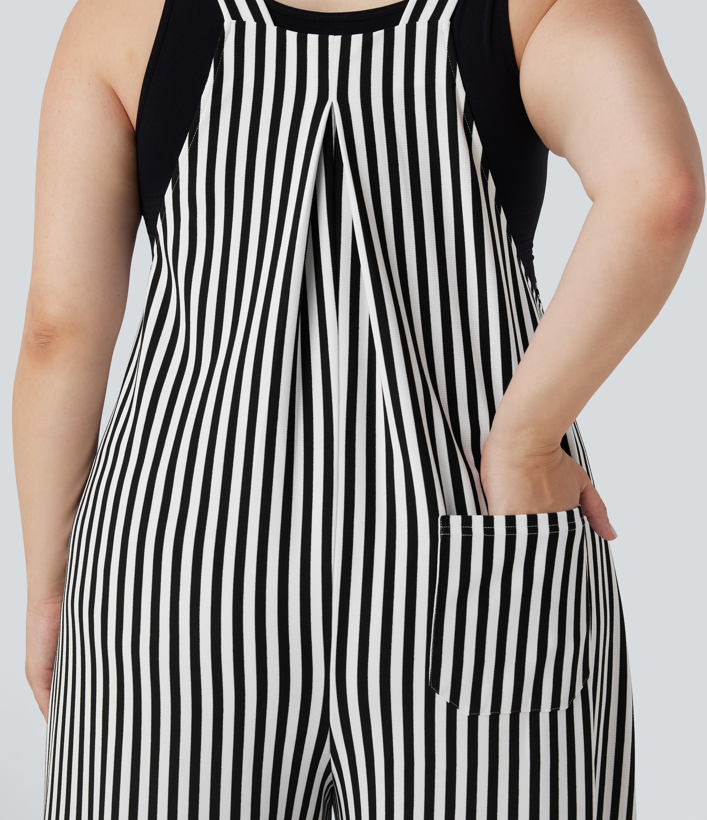 Plus Size Stripe Waffle Overalls with Pockets