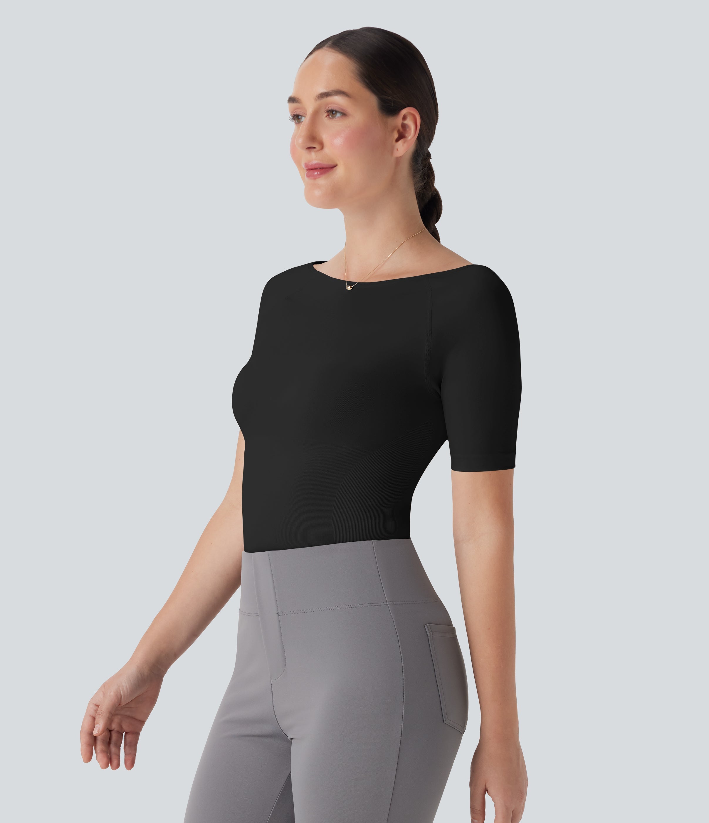 Seamless Flow Smoothing Boat Neck Adjustable Leg Straps Work Bodysuit-Easy Peezy