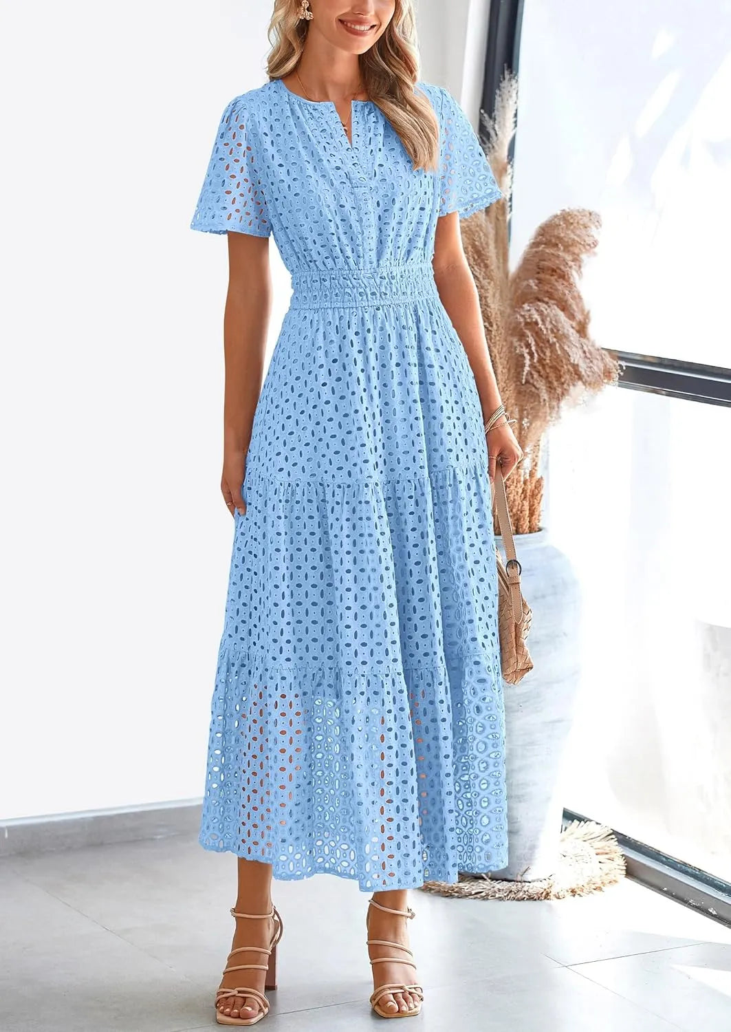 NEW 🔥Womens 2025 Summer Maxi Dress Short Sleeve V Neck Hollow Out Eyelet A Line Dresses