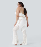 SoftlyZeroTM Crossover High Waisted Contrast Lace Yoga Plus Size Flare Leggings with Pocket