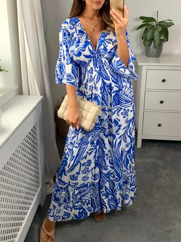 NEW🔥 V Neck Elastic Waist Printed Dress