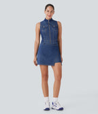 FlexTM High Waisted 2-in-1 Cool Touch Washed Denim Mini Tennis Skirt with Pocket