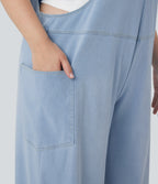 FlexTM V Neck Washed Denim Casual Plus Size Overalls with Pockets
