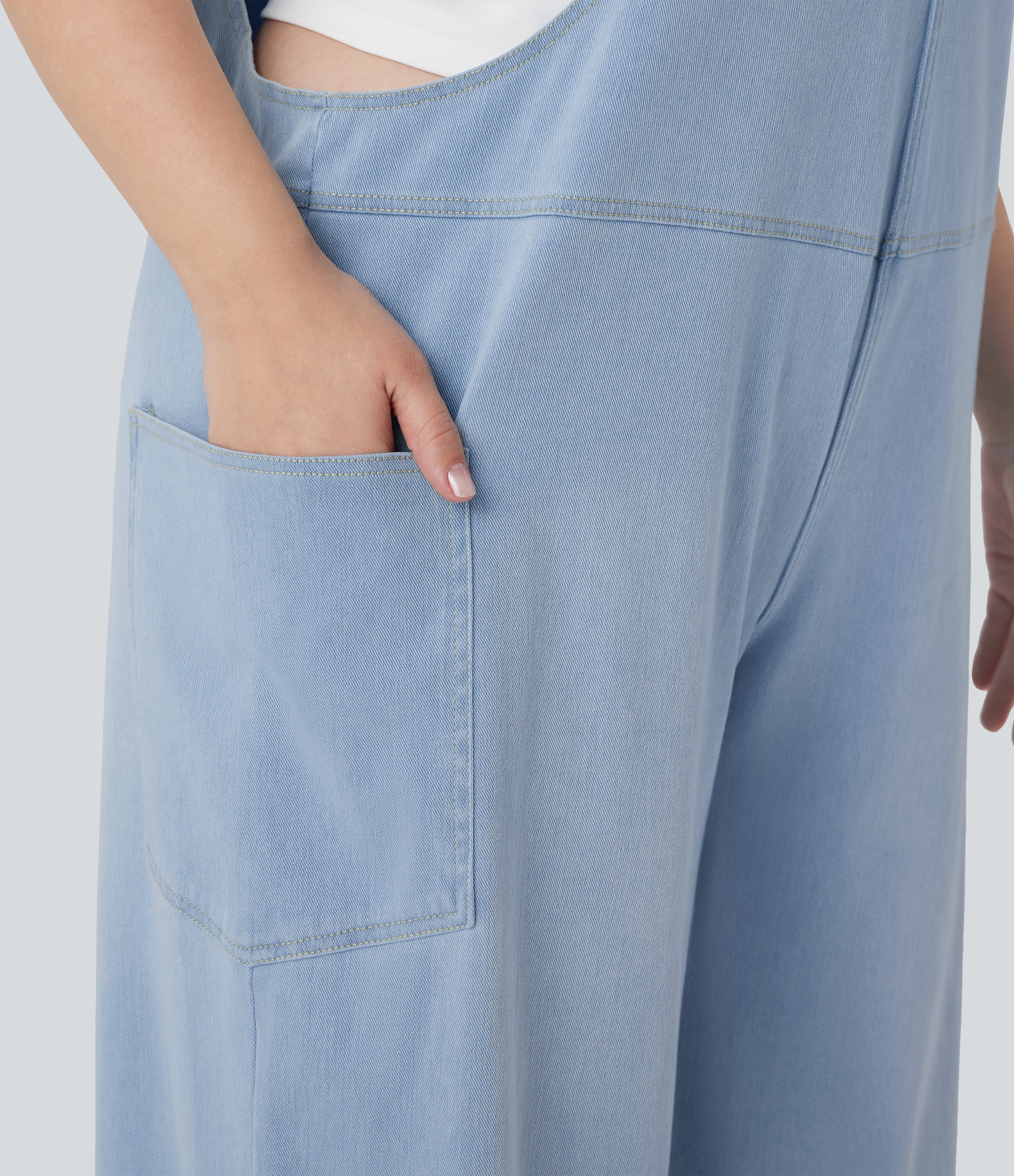 FlexTM V Neck Washed Denim Casual Plus Size Overalls with Pockets