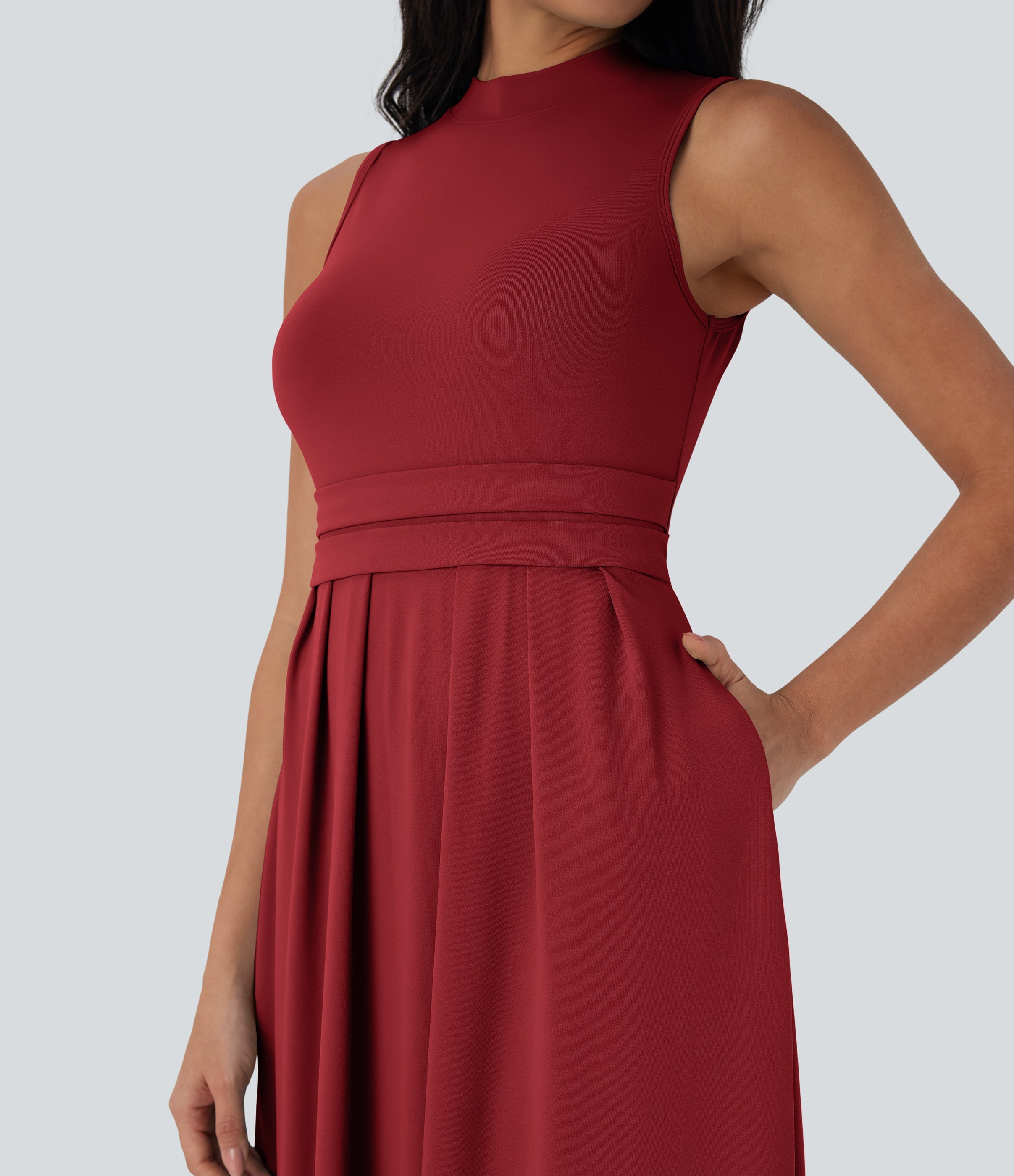 Stand Collar Sleeveless Flare Maxi Casual Dress with Pockets