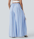 High Waisted Stripe Wide Leg Linen-Feel Pants with Pockets