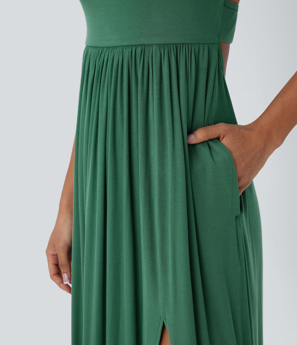 Ribbed Tie Back Ruched Maxi Slip Dress with Pockets