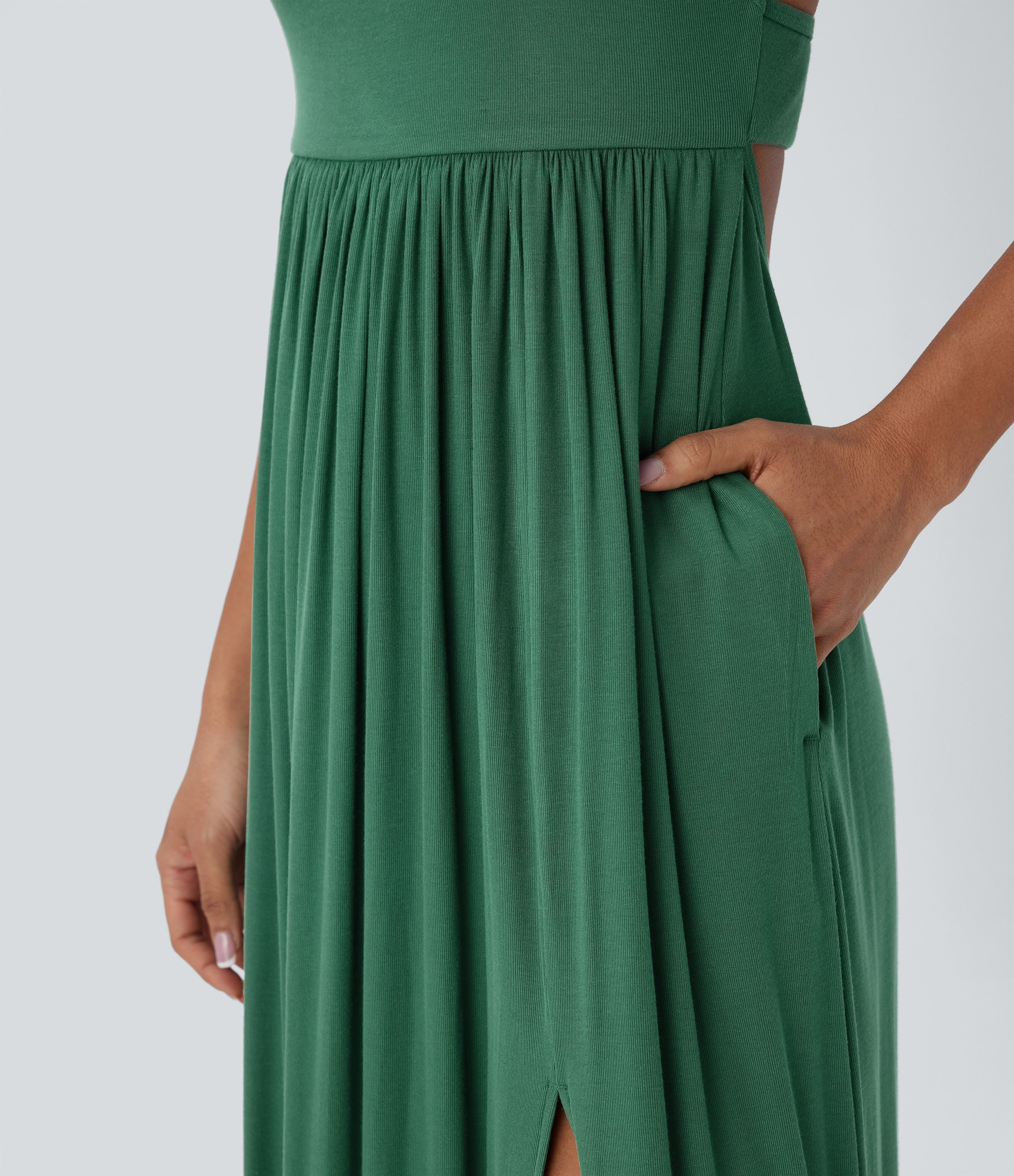 Ribbed Tie Back Ruched Maxi Slip Dress with Pockets