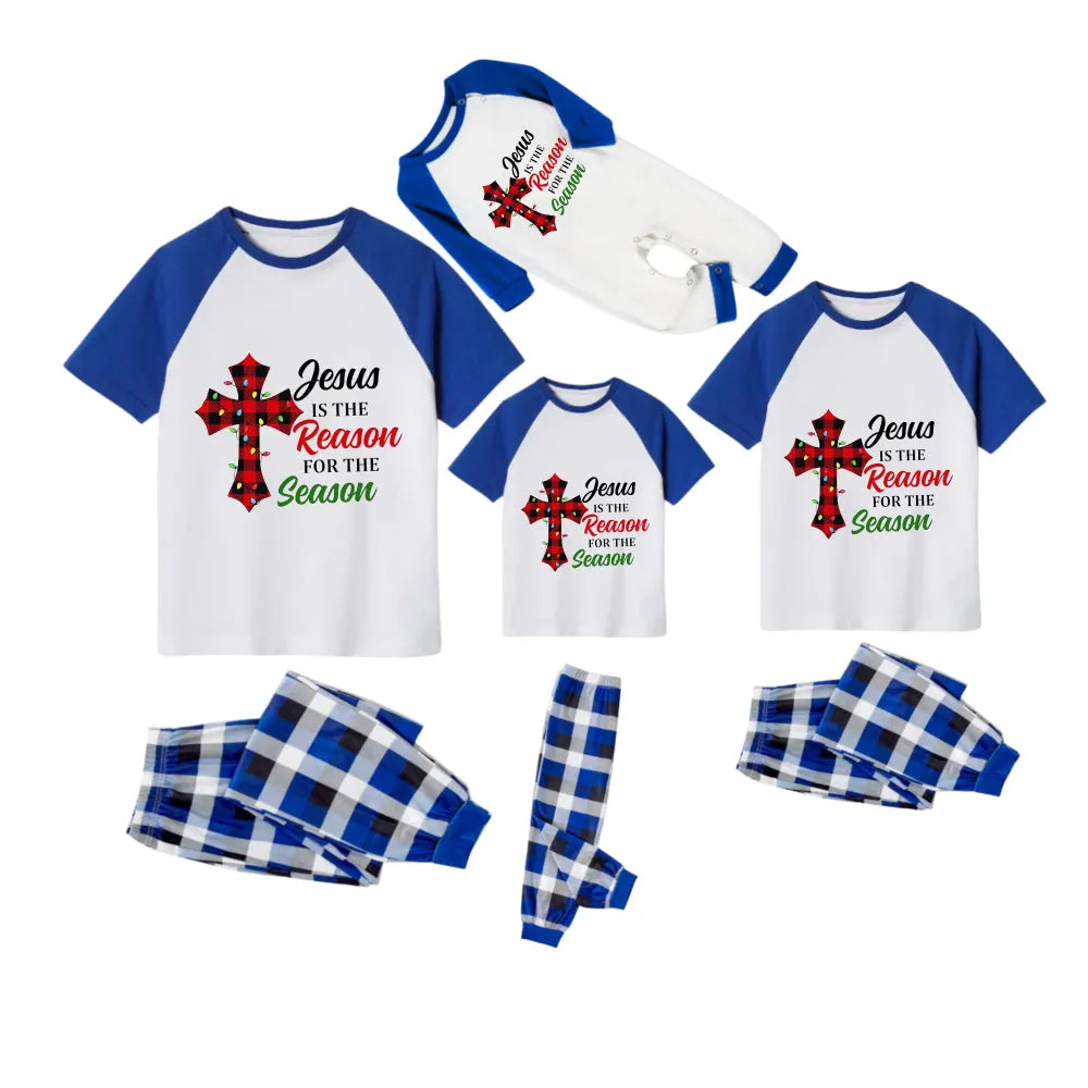Blue Plaid Short Sleeve Christmas Pajamas Set With "Jesus Is The Reason For The Season" Slogan Print