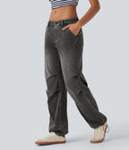 FlexTM Low Rise Adjustable Drawcord Stretchy Knit Casual Parachute Jeans with Multiple Pockets