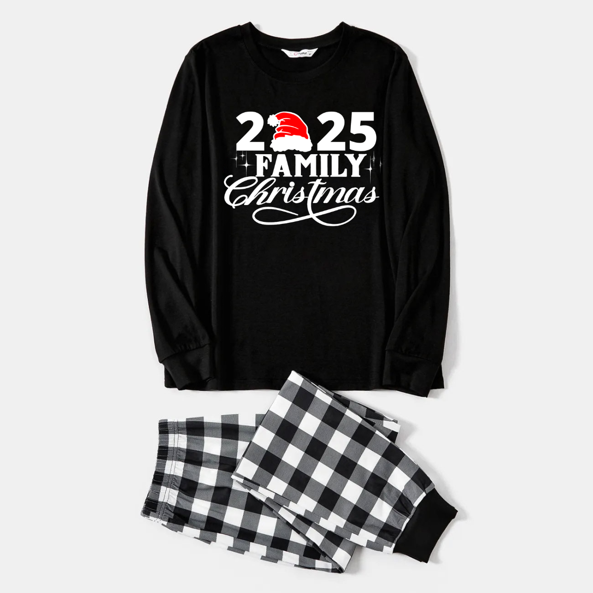 "2025 Family Christmas" Letter Print Black Long Sleeve Top with Black And White Plaid Pants Family Matching Pajamas