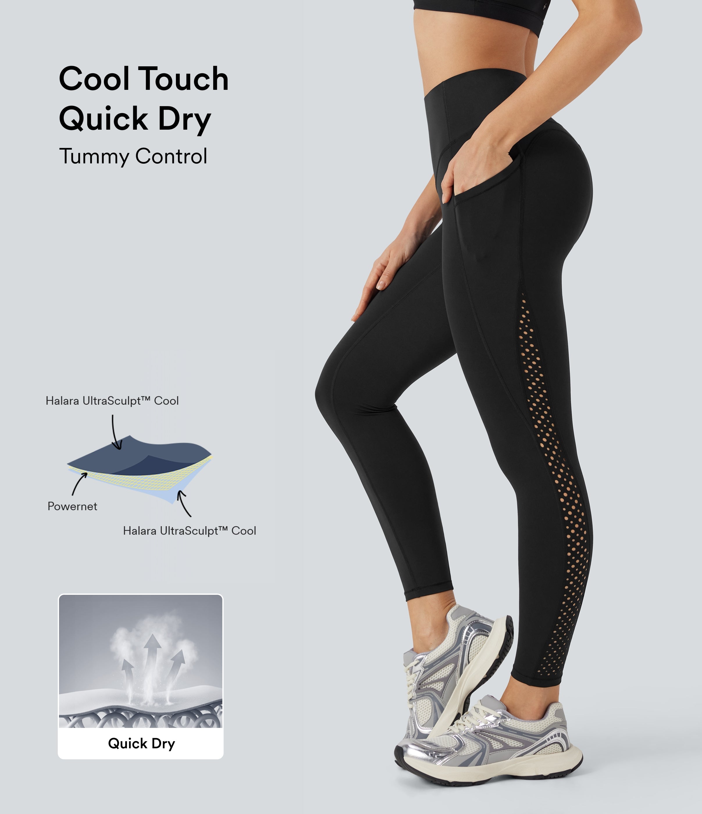UltraSculptTM Cool Quick Dry SoCinched High Waisted Tummy Control Ventilation Perforated Yoga Leggings with Pockets-UPF50+