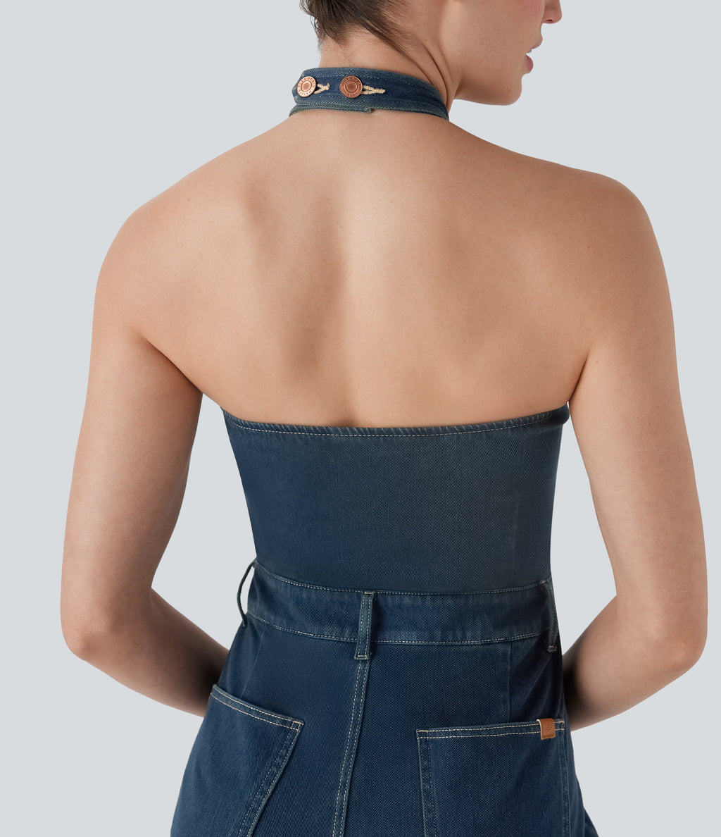 FlexTM Halter Wide Leg Denim Casual Jumpsuit with Pockets