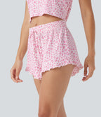 Mid Rise Drawstring Ruffle Hem Leopard Print Lounge Shorts
