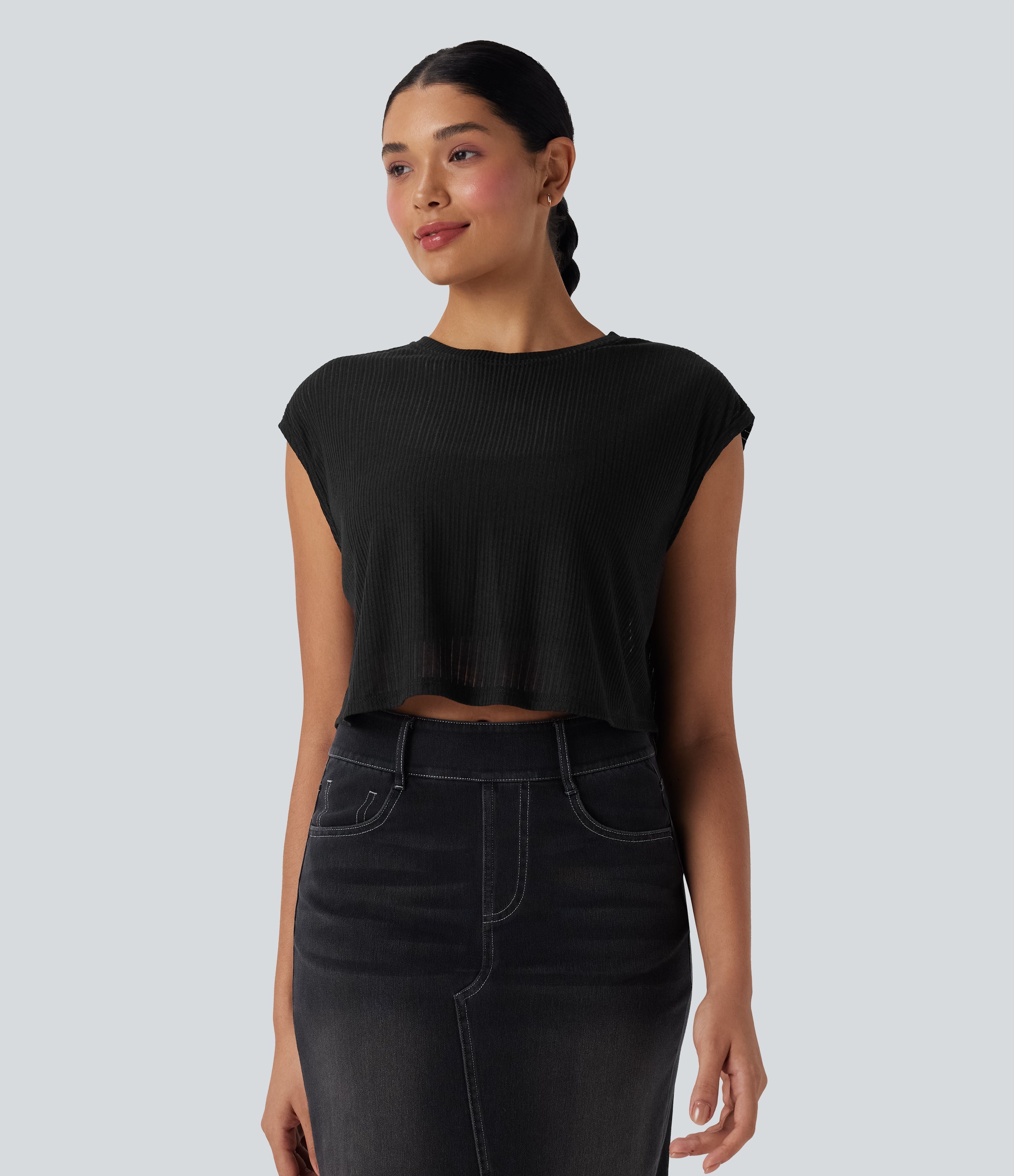 Round Neck Cap Sleeve Cut Out Casual Top