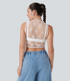 Mock Neck Sleeveless Ruched Cropped Sheer Lace Casual Top