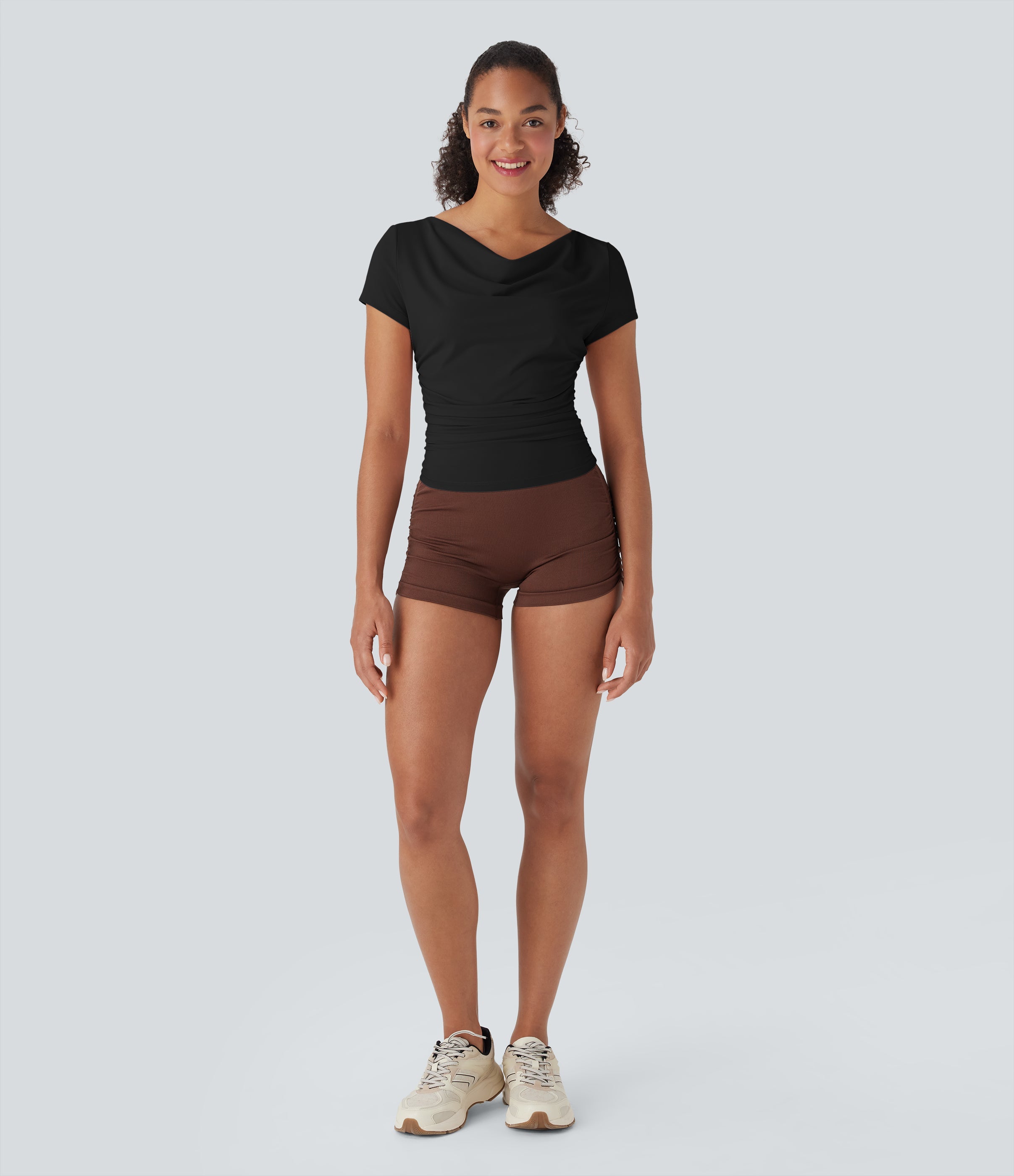 Cowl Neck Short Sleeve Ruched Yoga Top