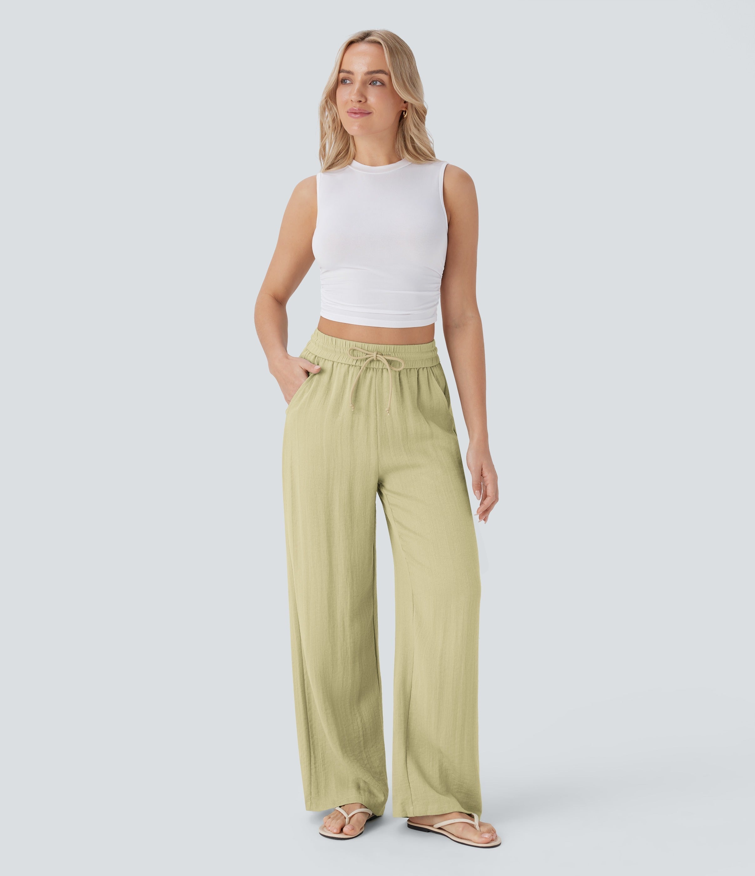 Women Summer High Waisted Drawstring Pocket Wide Leg Casual Linen-Feel Pants