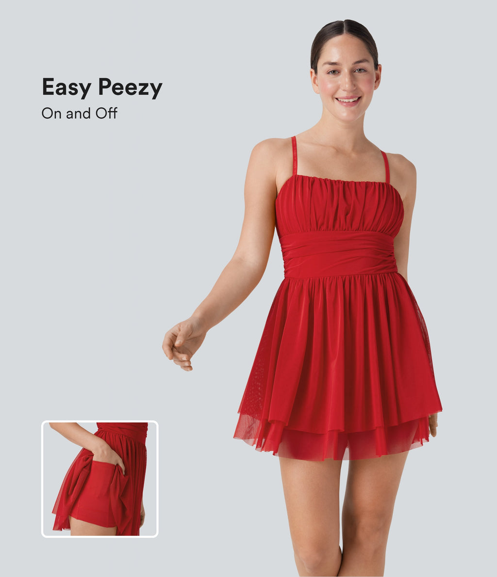 Ruched Tiered Mesh Overlay 2-in-1 Mini Dance Slip Active Dress with Pocket-Easy Peezy
