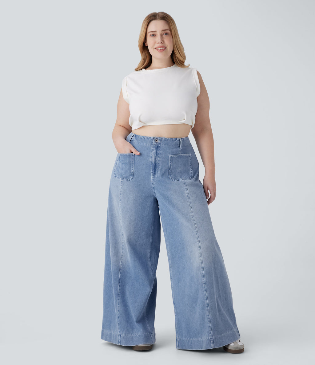 FlexTM High Waisted Pockets Washed Casual Wide Leg Plus Size Jeans