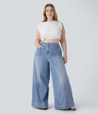 FlexTM High Waisted Pockets Washed Casual Wide Leg Plus Size Jeans