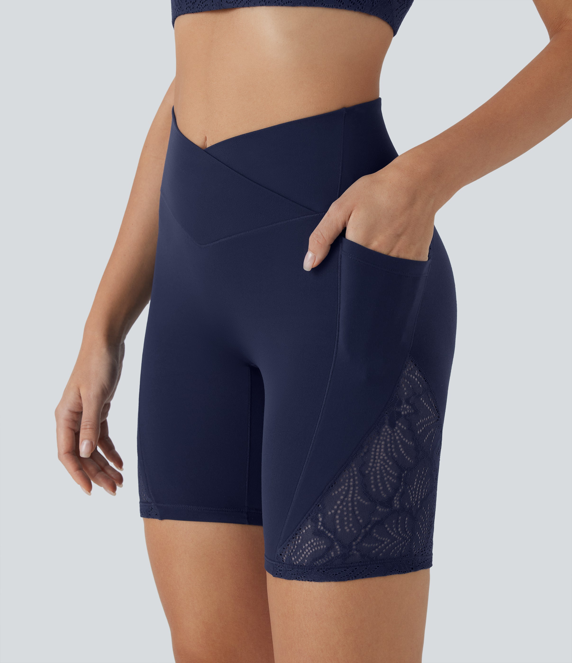 SoftlyzeroTM High Waisted Crossover Contrast Lace Yoga Biker Shorts 7'' with Pockets-UPF50+