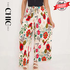 Flower Floral Print Abstract Print Wide-Leg Drawstring Palazzo Pleated Pants