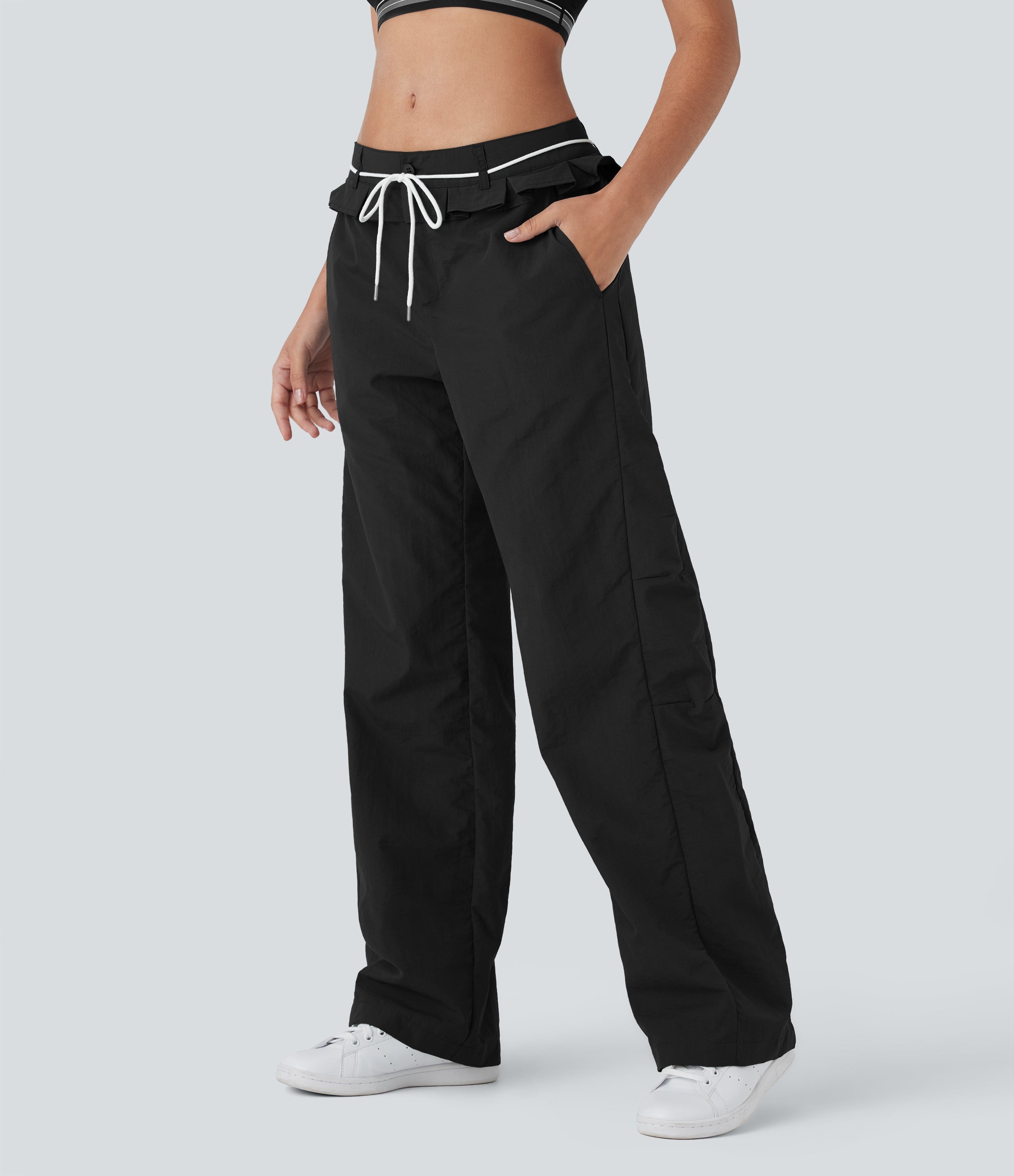 Low Rise Drawstring Ruffle Trim Dance Barrel Leg Pants with Pockets