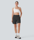 Mid Rise Side Pockets Curved Hem Yoga Bermuda Shorts
