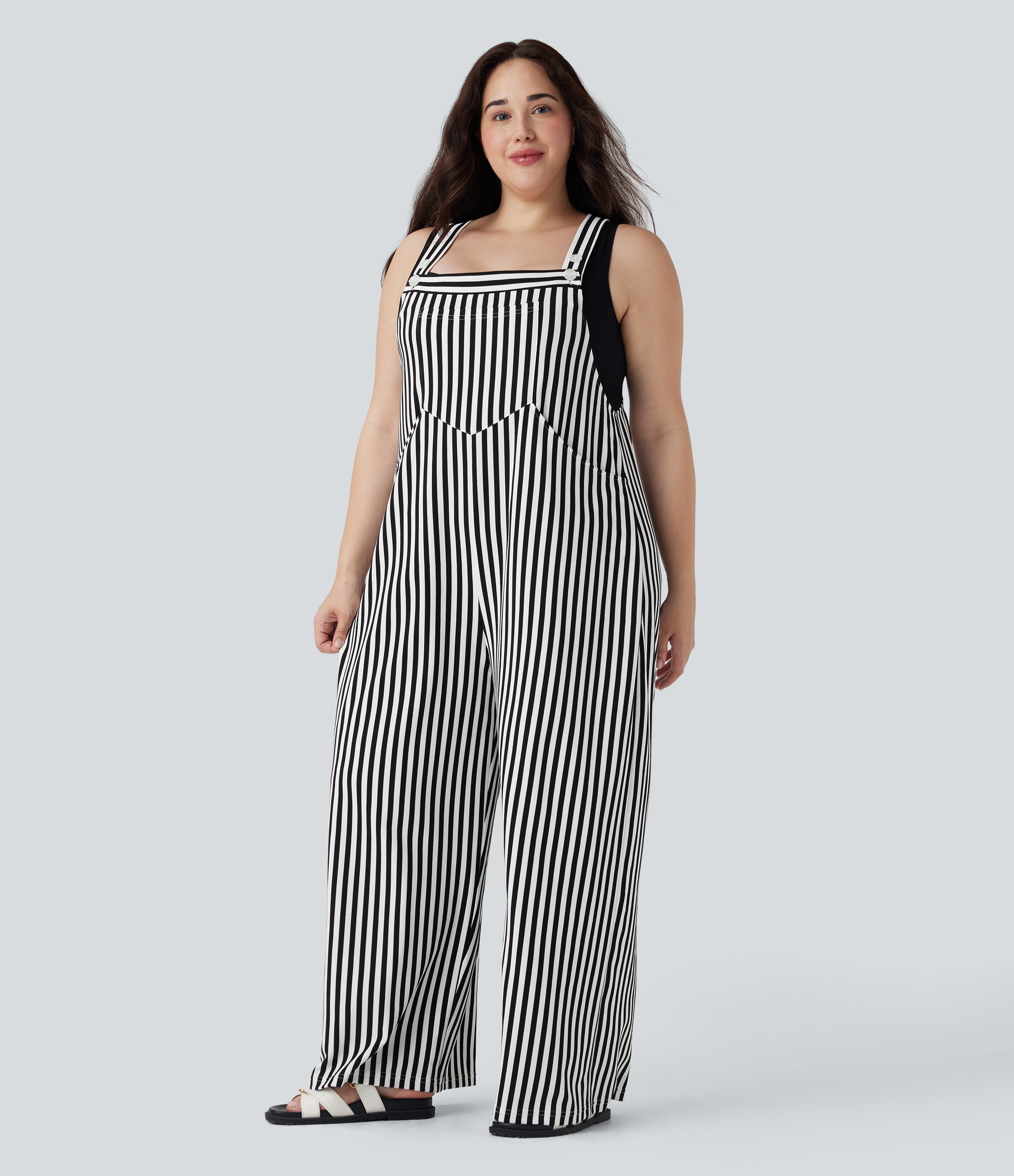 Plus Size Stripe Waffle Overalls with Pockets