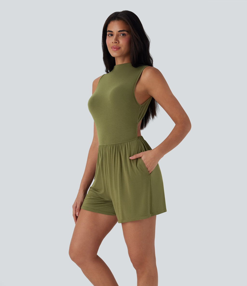 Mock-Neck Sleeveless Casual Jumpsuit with Pockets-Easy Peezy