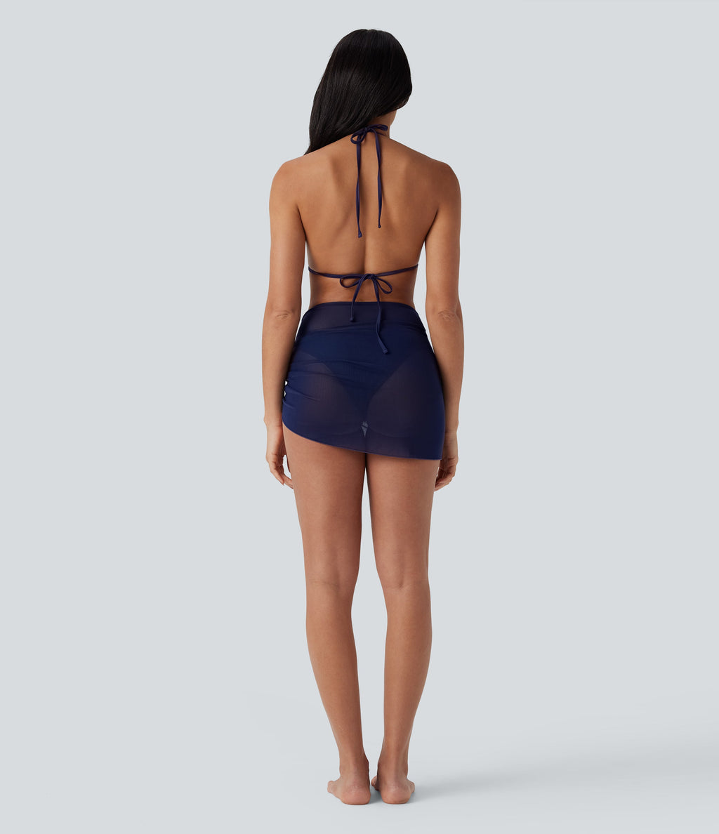 Sheer Mesh Halter Tie Back Drawstring 3-Piece Bikini Set