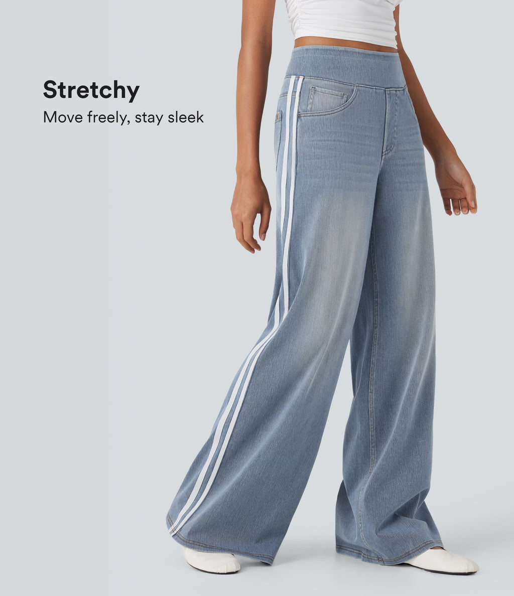 FlexTM High Waisted Stripe Wide Leg Flowy Washed Casual Jeans with Pockets