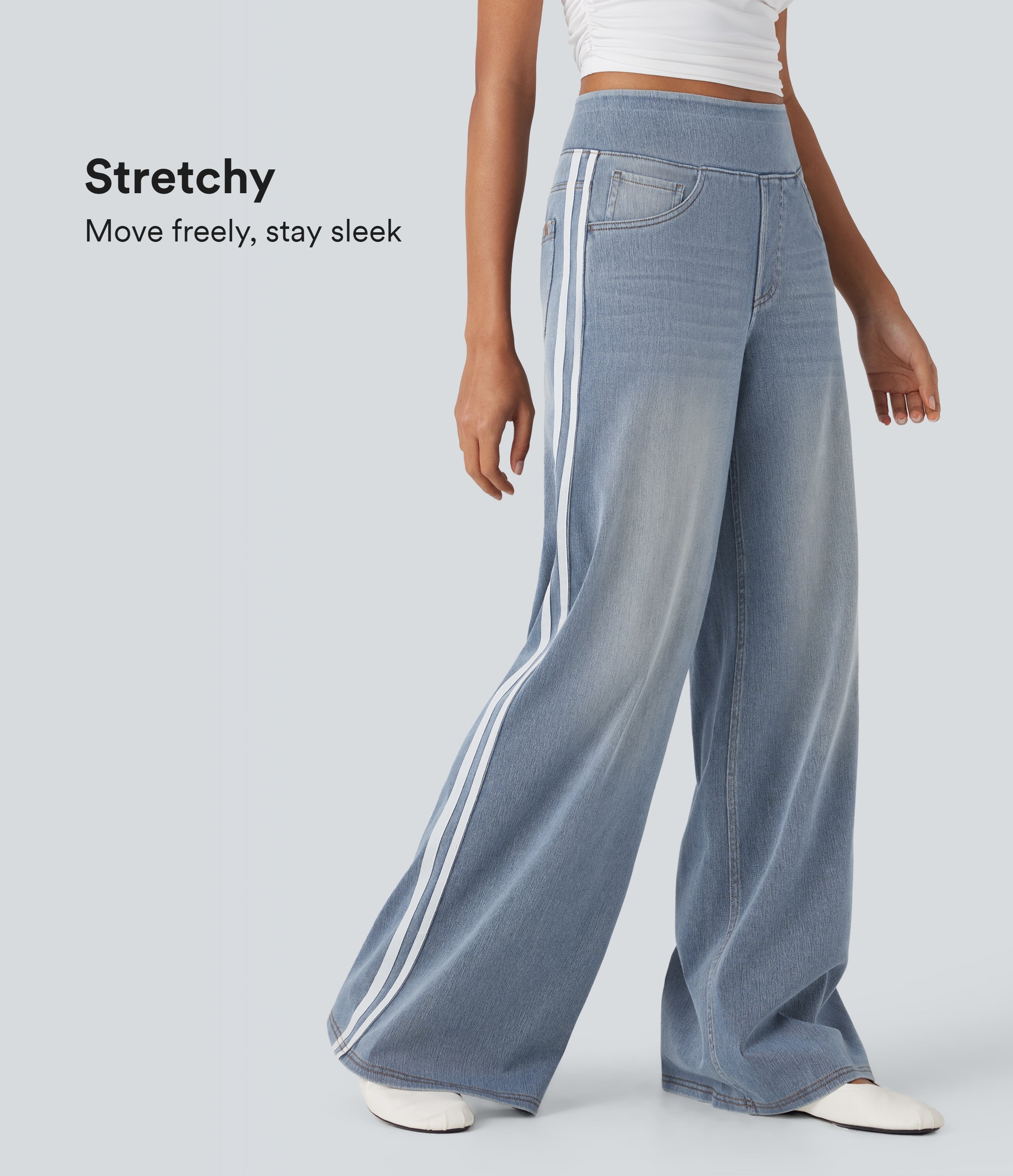 FlexTM High Waisted Stripe Wide Leg Flowy Washed Casual Jeans with Pockets