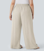 High Waisted Drawstring Linen-Feel Wide Leg Casual Plus Size Pants with Pockets