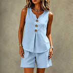 Solavia – Linen-Look 2 Piece Set, Sleeveless Button Top and Relaxed Shorts, Summer Matching Set for Women