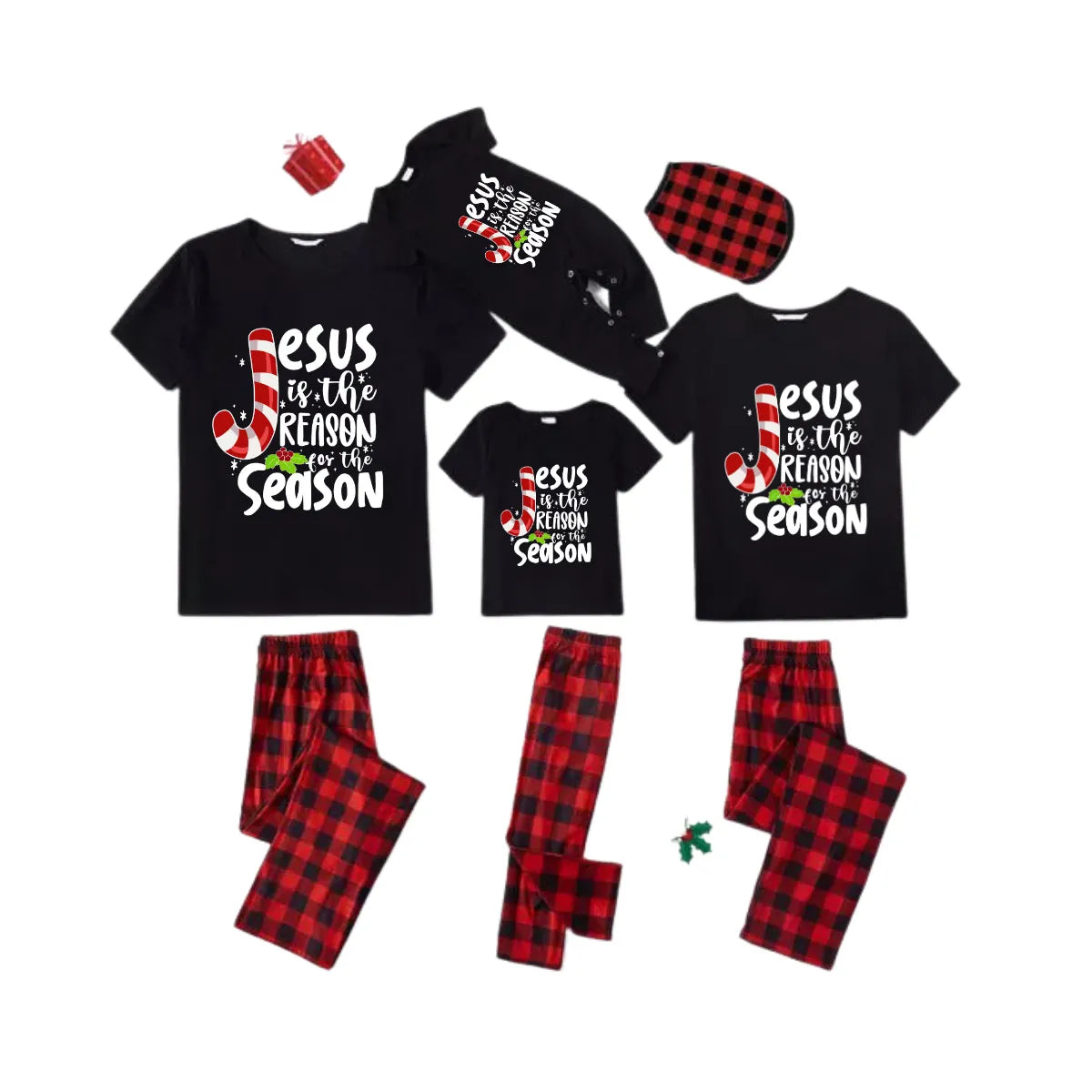 Jesus is the Reason Family Pajamas Set - Black Top Red Pants Red Plaid Sleeves Candy Cane and Holly Print