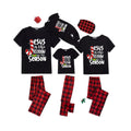 Jesus is the Reason Family Pajamas Set - Black Top Red Pants Red Plaid Sleeves Candy Cane and Holly Print