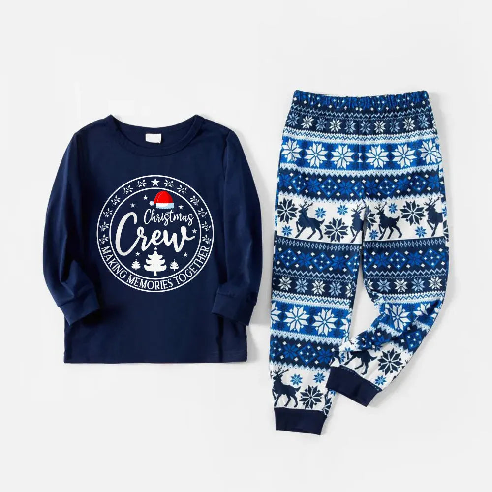 Joyful Blue Christmas Pajamas Set With Santa Hat and "Christmas Crew Making Memories Together" Print