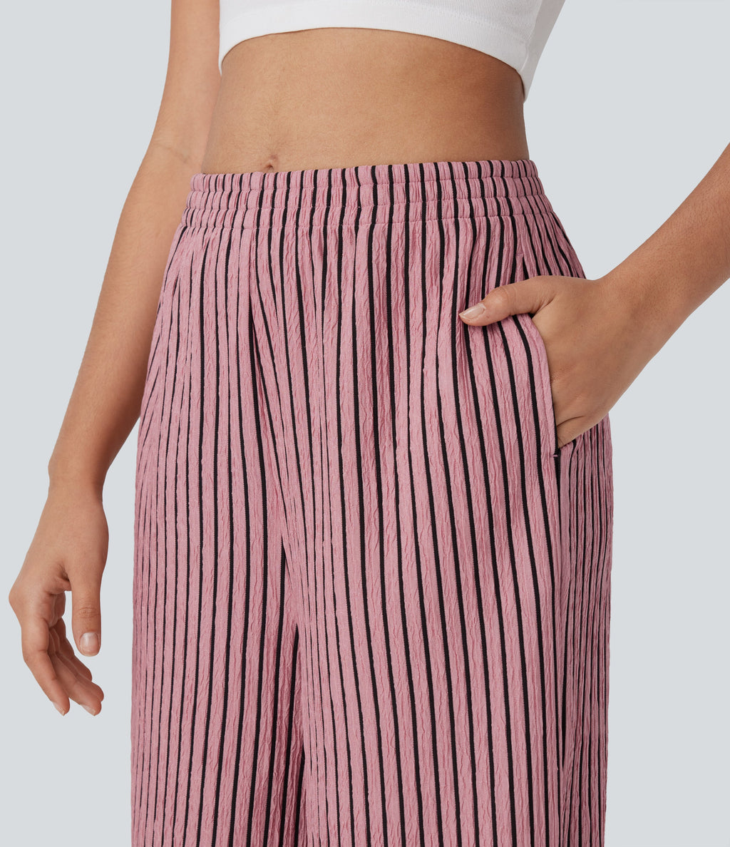 High Waisted Straight Leg Crinkle Casual Pants with Pockets