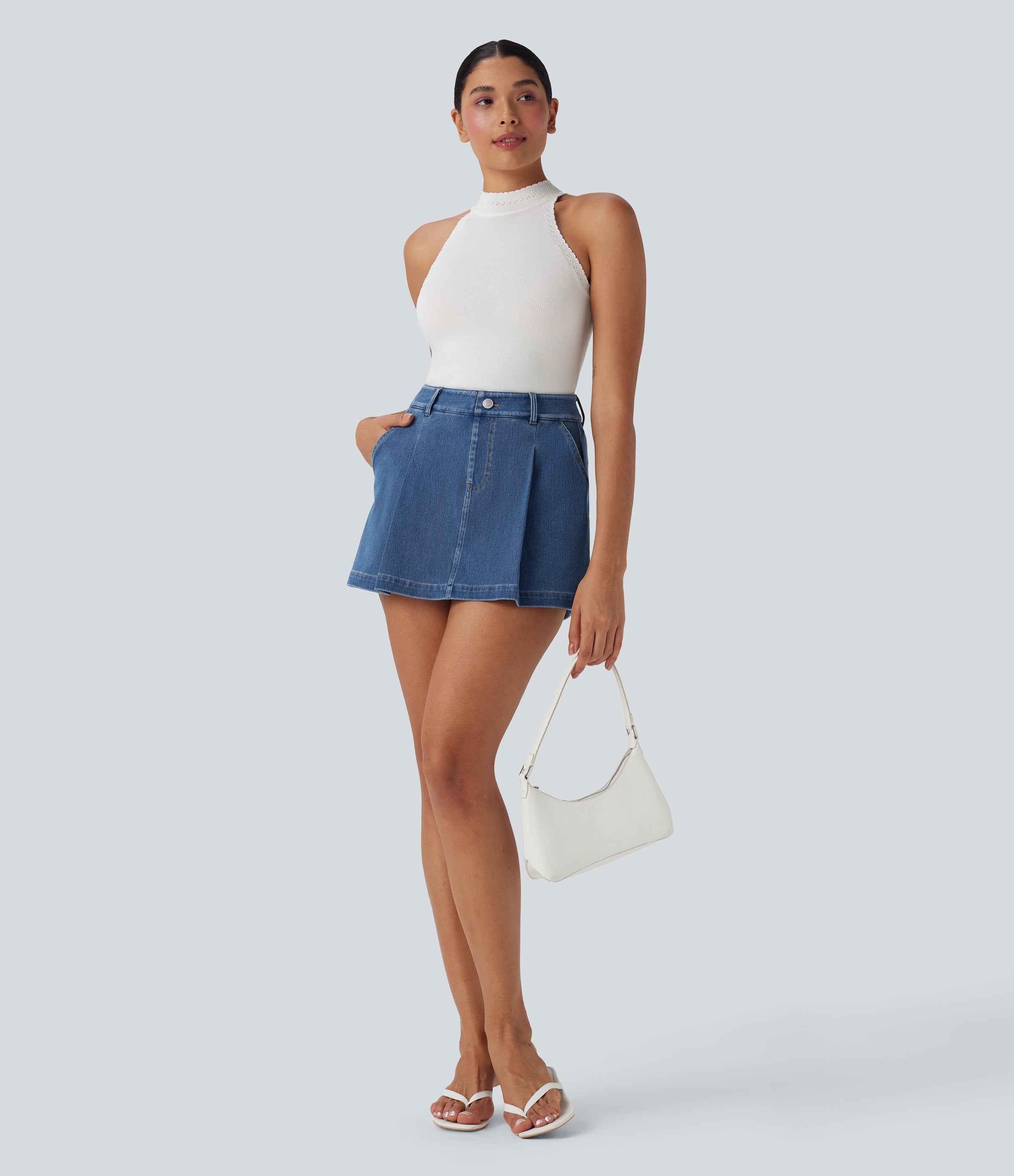 FlexTM High Waisted 2-in-1 Washed Stretchy Knit Denim Casual A-line Skort with Pockets