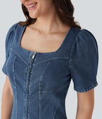 FlexTM Square Neck Short Sleeve Zipper Denim Mini Casual Dress