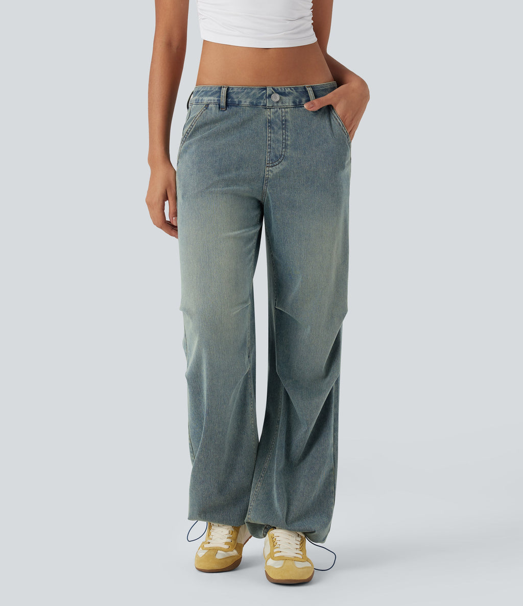 FlexTM Low Rise Adjustable Drawcord Stretchy Knit Casual Parachute Jeans with Multiple Pockets
