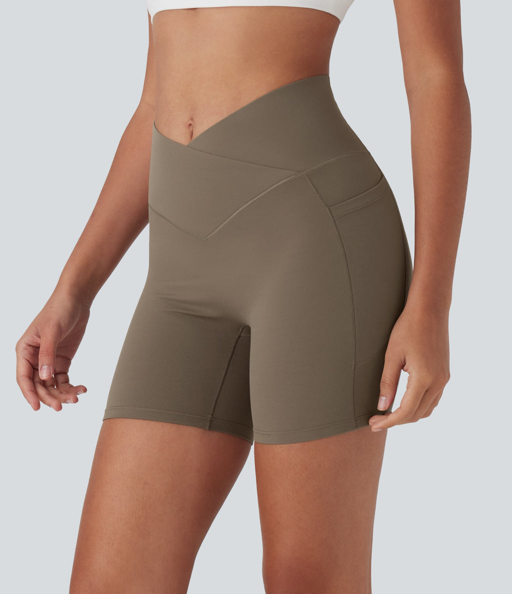 UltraSculptTM High Waisted Crossover Tummy Control Butt Lifting Yoga Biker Shorts 5'' with Pockets