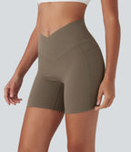 UltraSculptTM High Waisted Crossover Tummy Control Butt Lifting Yoga Biker Shorts 5'' with Pockets