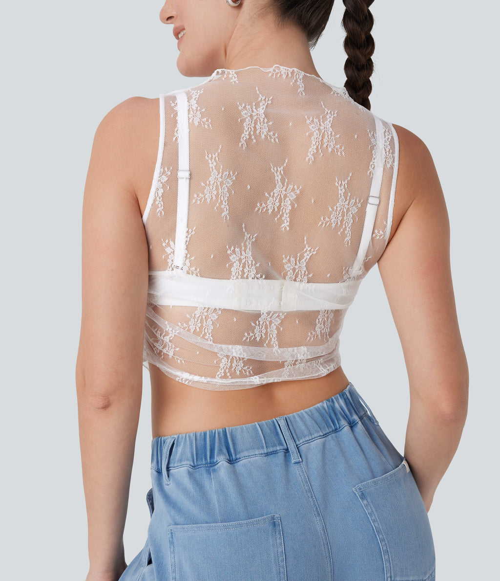 Mock Neck Sleeveless Ruched Cropped Sheer Lace Casual Top